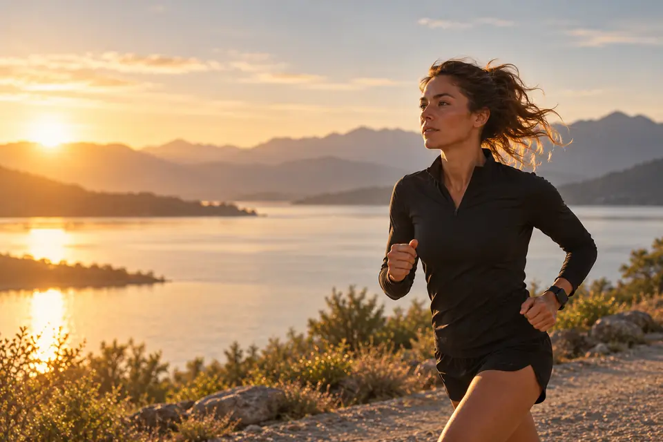 A runner mid-stride on a lakeside path at golden hour, mountains and low sun behind her